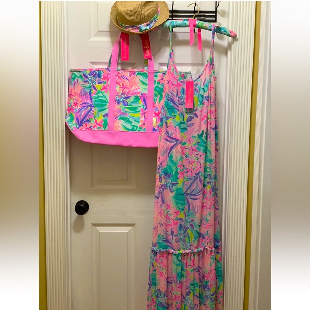 NWT LILLY PULITZER WINNI COVER-UP/ MERCATO TOTE/HAT SET IT WAS ALL A DREAM FIRM - Picture 5 of 10